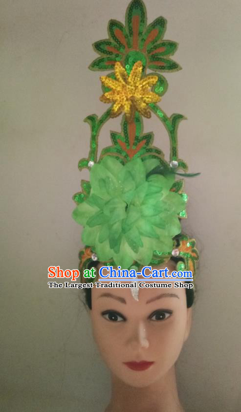 China Female Group Dance Hair Accessories Traditional Stage Performance Headpiece Folk Dance Green Sequins Headwear Fan Dance Hair Stick