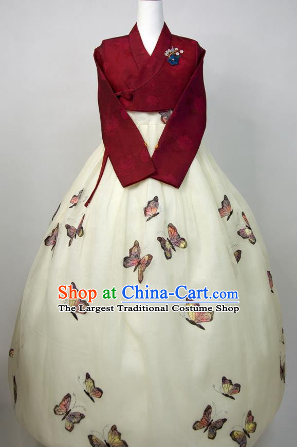 Korean Wedding Bride Fashion Costumes Young Lady Classical Hanbok Wine Red Blouse and Embroidered Butterfly Dress Korea Traditional Festival Clothing