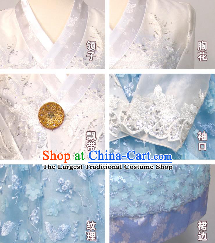 Korean Wedding Bride Fashion Costumes Classical Hanbok White Blouse and Blue Dress Korea Young Lady Traditional Clothing