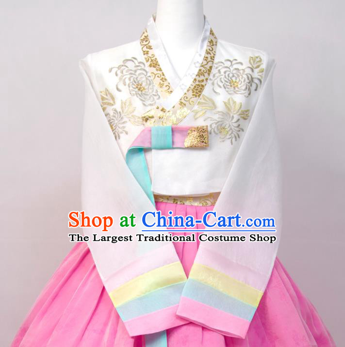 Korea Young Lady Traditional Clothing Korean Wedding Bride Fashion Costumes Classical Hanbok White Blouse and Pink Dress
