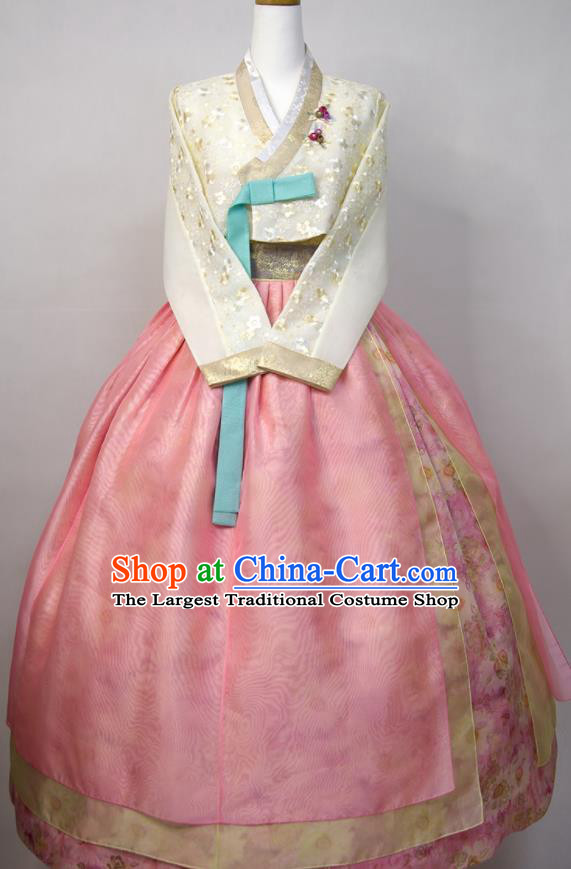 Korea Classical Hanbok Beige Blouse and Pink Dress Young Lady Traditional Clothing Korean Wedding Bride Fashion Costumes