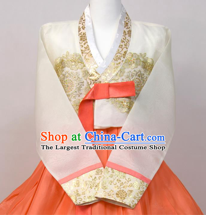 Korean Wedding Bride Fashion Costumes Korea Court Hanbok White Blouse and Orange Dress Traditional Dance Clothing
