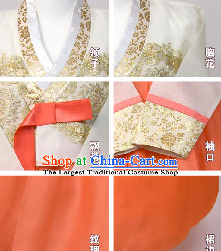 Korean Wedding Bride Fashion Costumes Korea Court Hanbok White Blouse and Orange Dress Traditional Dance Clothing