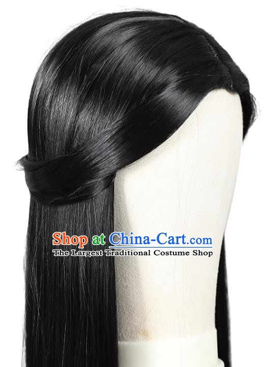 Chinese Jin Dynasty Scholar Black Toupee Hairpieces Cosplay Young Knight Wigs Ancient Swordsman Wigs