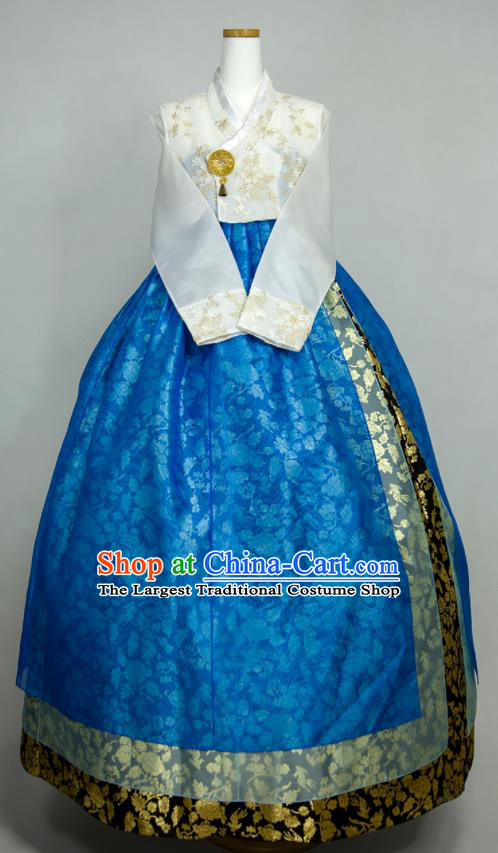 Korean Traditional Court Clothing Classical Wedding Fashion Costumes Bride Hanbok White Blouse and Royalblue Dress