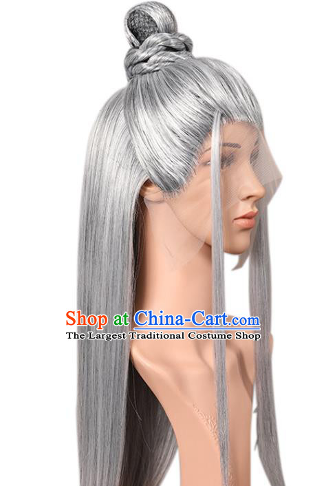 Chinese Cosplay Drama Swords of Legends Grey Wigs Ancient Swordsman Headdress Jin Dynasty Taoist Priest Toupee Hairpieces