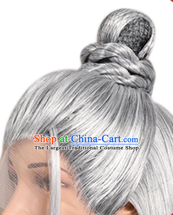 Chinese Cosplay Drama Swords of Legends Grey Wigs Ancient Swordsman Headdress Jin Dynasty Taoist Priest Toupee Hairpieces