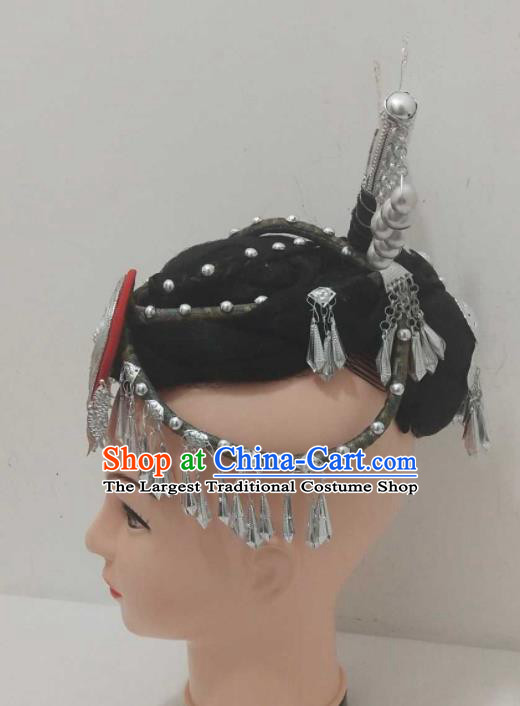 China Miao Nationality Woman Wigs Ethnic Folk Dance Silver Hair Accessories Hmong Minority Performance Headpieces