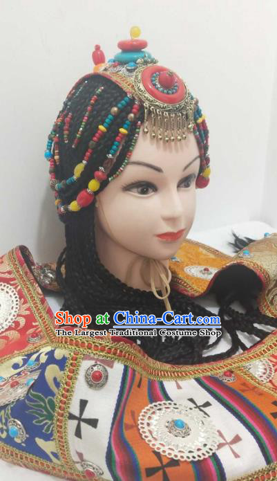 China Zang Ethnic Folk Dance Hair Accessories Minority Performance Headwear Tibetan Nationality Headdress