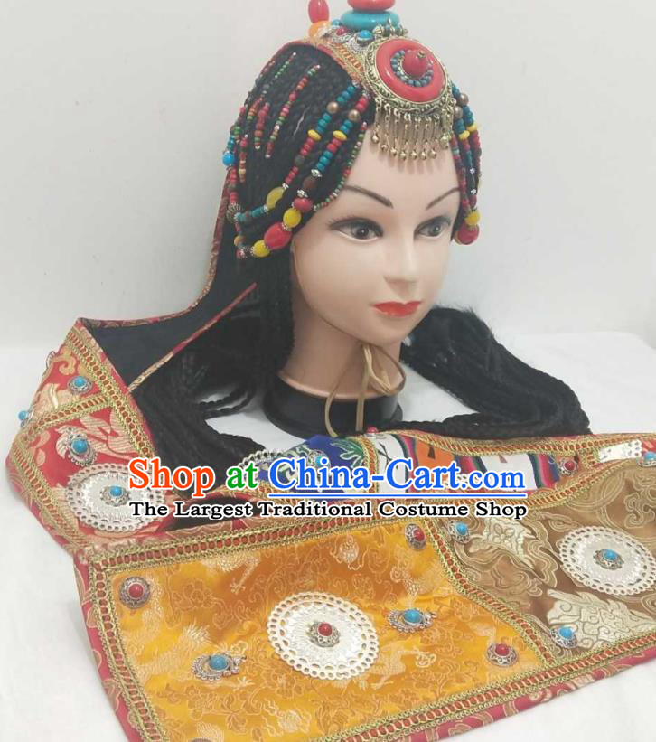 China Zang Ethnic Folk Dance Hair Accessories Minority Performance Headwear Tibetan Nationality Headdress