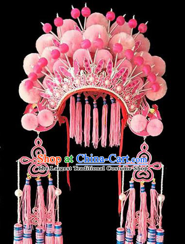 Chinese Peking Opera Hua Tan Headdress Beijing Opera Diva Phoenix Hat Traditional Opera Actress Pink Pompon Helmet