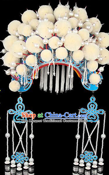 Chinese Beijing Opera Hua Tan Phoenix Hat Traditional Opera Bride White Pompon Helmet Peking Opera Wedding Headdress