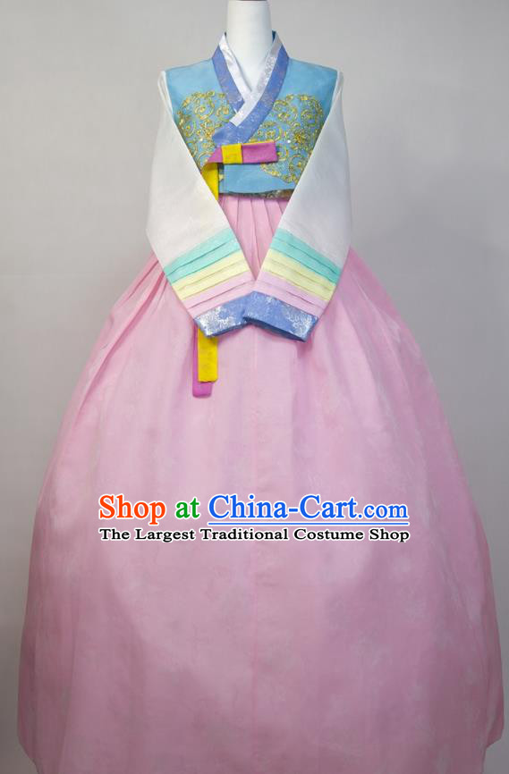Korea Classical Wedding Fashion Costumes Bride Hanbok Blue Blouse and Pink Dress Korean Traditional Court Clothing