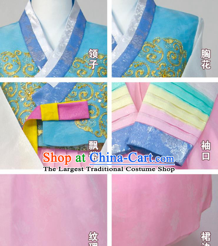 Korea Classical Wedding Fashion Costumes Bride Hanbok Blue Blouse and Pink Dress Korean Traditional Court Clothing
