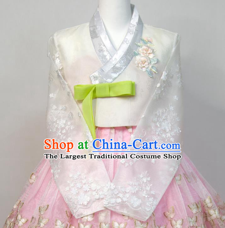 Korean Bride Hanbok White Blouse and Embroidered Butterfly Pink Dress Traditional Court Princess Clothing Korea Classical Wedding Fashion Costumes
