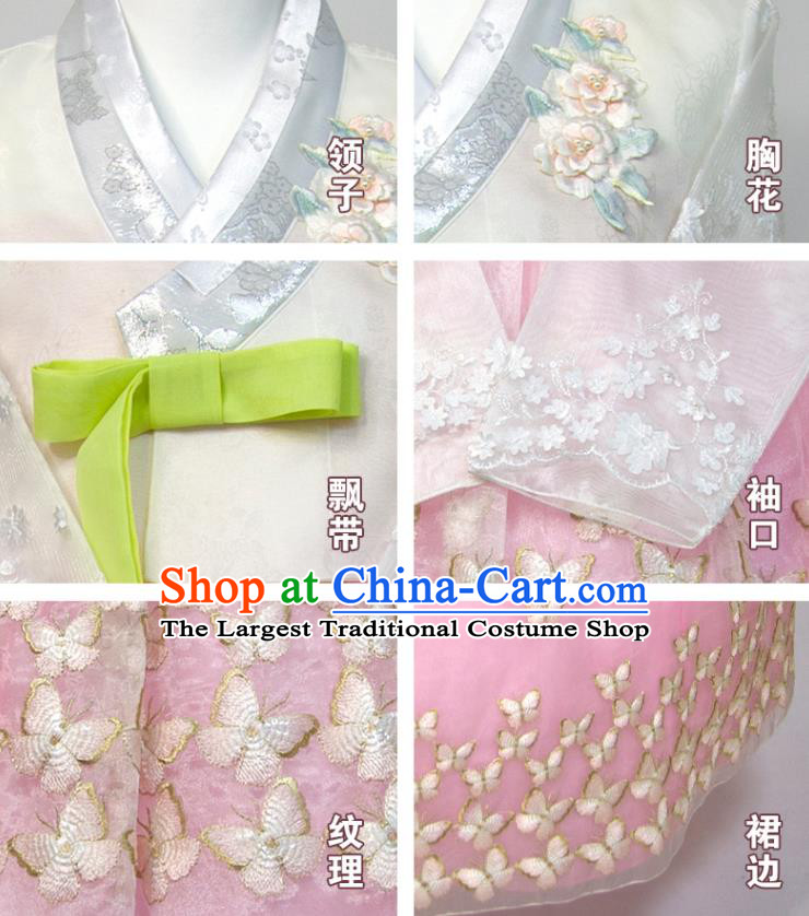 Korean Bride Hanbok White Blouse and Embroidered Butterfly Pink Dress Traditional Court Princess Clothing Korea Classical Wedding Fashion Costumes