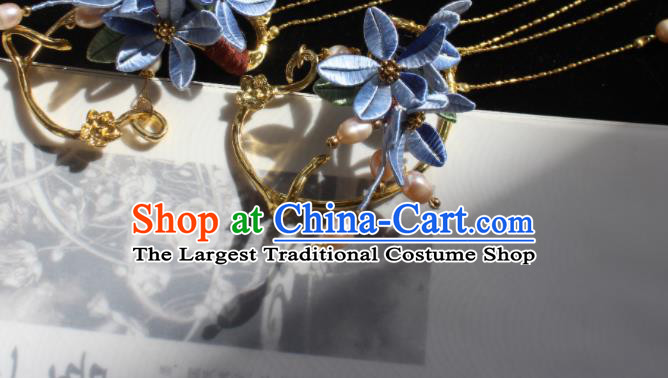 Handmade Chinese Ming Dynasty Princess Blue Silk Flowers Ear Accessories Ancient Palace Lady Pearls Tassel Earrings