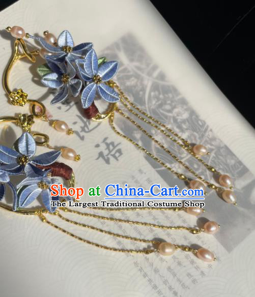 Handmade Chinese Ming Dynasty Princess Blue Silk Flowers Ear Accessories Ancient Palace Lady Pearls Tassel Earrings