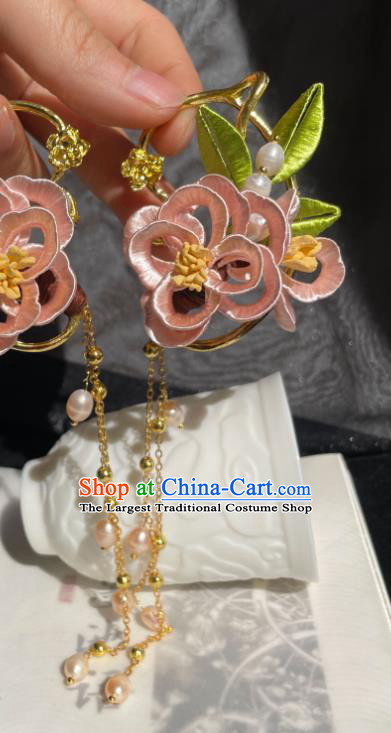Handmade Chinese Ancient Palace Lady Pearls Tassel Earrings Ming Dynasty Princess Pink Silk Flowers Ear Accessories