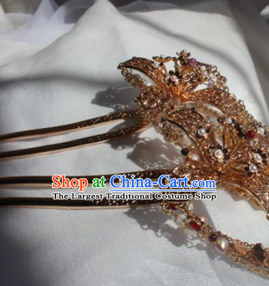 China Tang Dynasty Queen Hairpin Traditional Hanfu Hair Accessories Ancient Empress Golden Bells Tassel Hair Stick