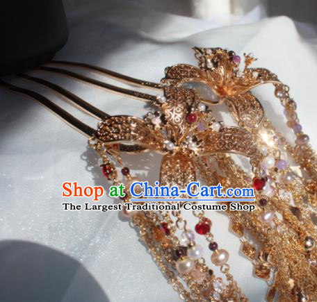 China Tang Dynasty Queen Hairpin Traditional Hanfu Hair Accessories Ancient Empress Golden Bells Tassel Hair Stick