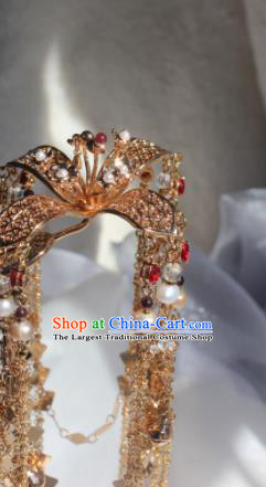 China Tang Dynasty Queen Hairpin Traditional Hanfu Hair Accessories Ancient Empress Golden Bells Tassel Hair Stick