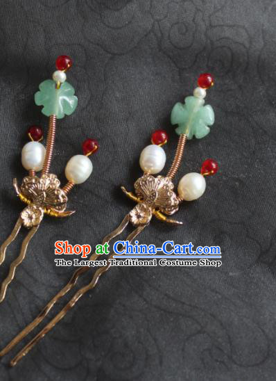 China Ming Dynasty Princess Pearls Hairpin Traditional Hanfu Hair Accessories Ancient Palace Lady Jade Plum Hair Stick
