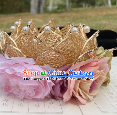 China Song Dynasty Imperial Consort Flower Hairpin Traditional Hanfu Hair Accessories Ancient Court Woman Golden Lotus Hair Crown