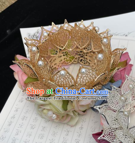 China Song Dynasty Imperial Consort Flower Hairpin Traditional Hanfu Hair Accessories Ancient Court Woman Golden Lotus Hair Crown