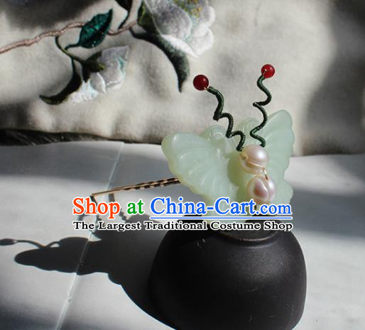 China Ming Dynasty Palace Lady Hairpin Traditional Hanfu Hair Accessories Ancient Princess Jade Butterfly Hair Stick