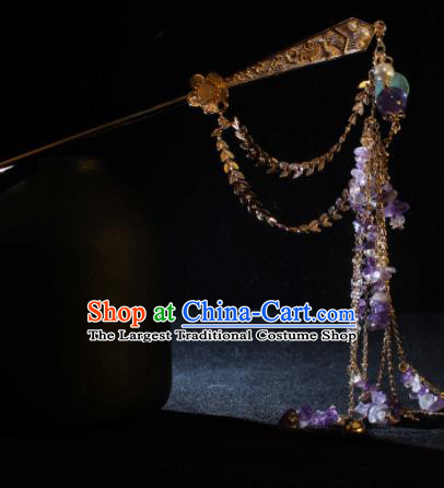 China Tang Dynasty Empress Golden Hairpin Traditional Hanfu Hair Accessories Ancient Princess Amethyst Tassel Hair Stick