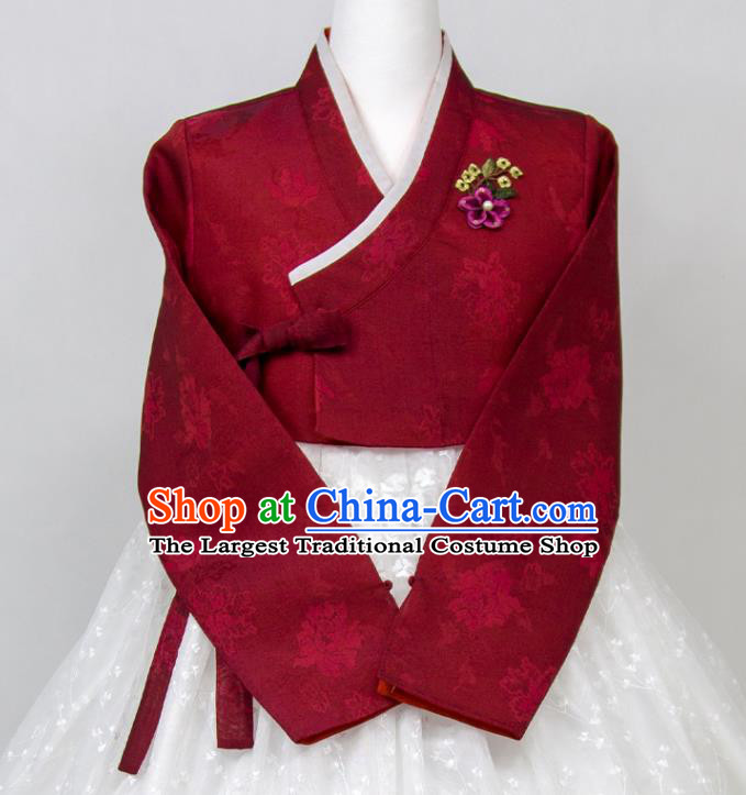 Korea Classical Wedding Fashion Costumes Young Woman Hanbok Wine Red Blouse and White Dress Korean Traditional Court Bride Clothing