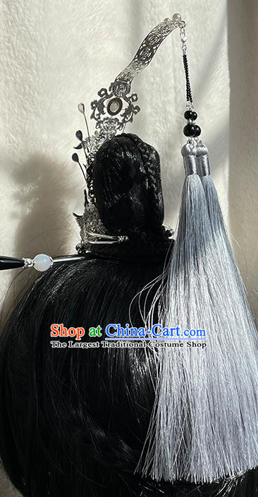 Chinese Ancient Royal Prince Headpieces Traditional Jin Dynasty Swordsman Argent Hair Crown and Tassel Hairpin