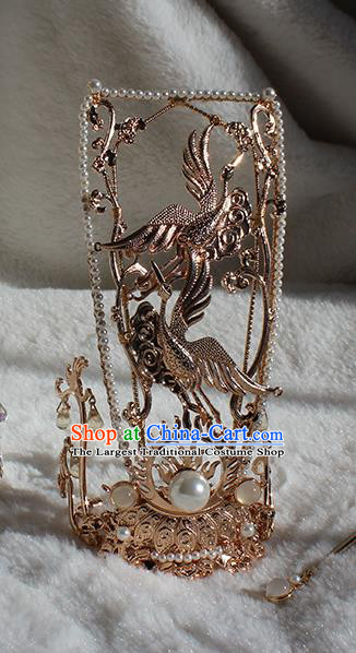 Chinese Ancient Royal King Headpieces Traditional Jin Dynasty Emperor Golden Crane Hair Crown and Long Tassel Hairpins Headdress