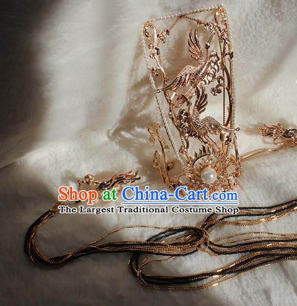 Chinese Ancient Royal King Headpieces Traditional Jin Dynasty Emperor Golden Crane Hair Crown and Long Tassel Hairpins Headdress
