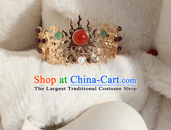 Chinese Ancient Emperor Headpieces Traditional Jin Dynasty Noble Childe Golden Flame Hair Crown and Hairpin Headdress