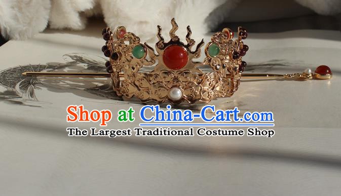 Chinese Ancient Emperor Headpieces Traditional Jin Dynasty NOble Childe Golden Flame Hair Crown and Hairpin Headdress