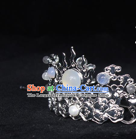 Chinese Ancient Swordsman Headpieces Traditional Jin Dynasty Prince Argent Flame Hair Crown and Chalcedony Hairpin