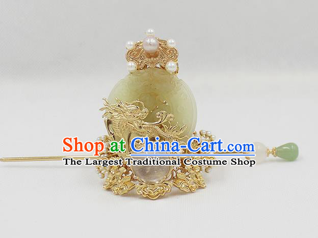 Chinese Traditional Ming Dynasty Imperial Guards Jade Hair Crown and Golden Hairpin Ancient Royal Prince Headpieces