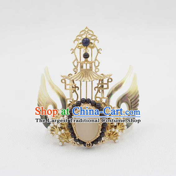 Chinese Traditional Jin Dynasty Emperor Shell Wings Hair Crown and Hairpin Ancient Dragon Prince Agate Headpieces
