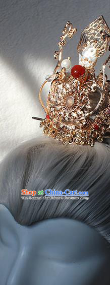 Chinese Ancient Prince Agate Headpieces Traditional Ming Dynasty Royal Highness Golden Lotus Hair Crown and Hairpin