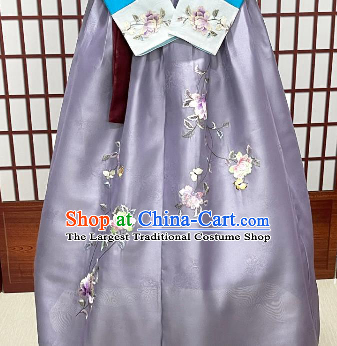 Korean Court Woman Fashion Embroidered Blue Blouse and Grey Dress Traditional Performance Hanbok Clothing Classical Wedding Garment Costumes