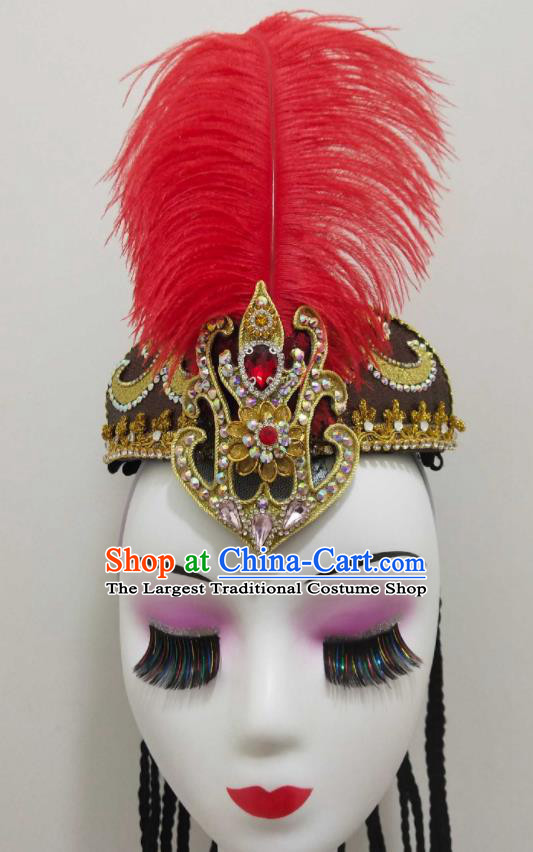China Uyghur Nationality Red Feather Hat Xinjiang Ethnic Folk Dance Hair Accessories Uyghur Minority Performance Headwear
