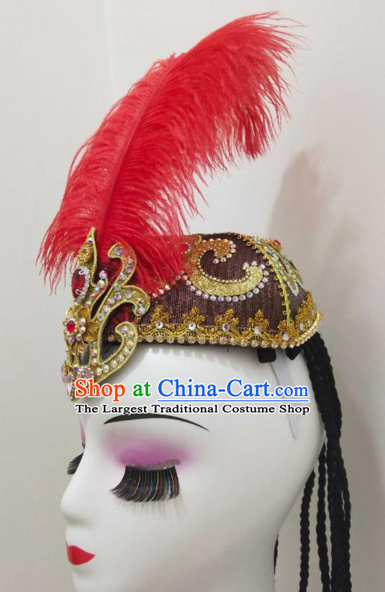 China Uyghur Nationality Red Feather Hat Xinjiang Ethnic Folk Dance Hair Accessories Uyghur Minority Performance Headwear