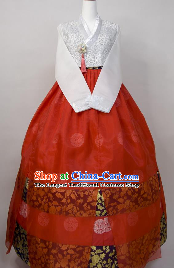 Korean Traditional Wedding Clothing Bride Fashion Costumes Korea Young Lady Classical Hanbok White Blouse and Red Dress