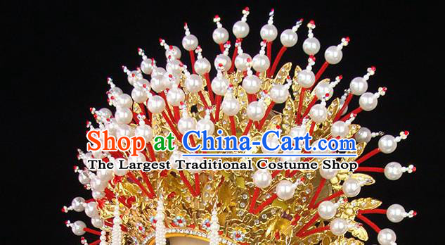 Chinese Beijing Opera Empress Golden Hat Traditional Opera Imperial Consort Pearls Phoenix Coronet Peking Opera Hua Tan Headdress