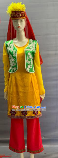 Chinese Qinghai Ethnic Female Garment Costume Traditional Salar Nationality Bride Clothing Minority Festival Folk Dance Yellow Dress Uniforms and Hat