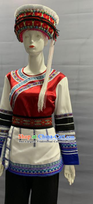 Chinese Traditional Bai Nationality Festival Clothing Minority Folk Dance Uniforms Yunnan Ethnic Female Garment Costume and Hat