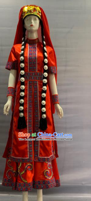 Chinese Traditional Kirgiz Nationality Wedding Clothing Khalkha Minority Folk Dance Red Dress Uniforms Xinjiang Ethnic Female Garment Costume and Headdress
