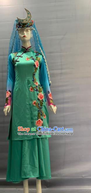 Chinese Traditional Hui Nationality Wedding Clothing Uyghur Minority Folk Dance Green Dress Uniforms Xinjiang Ethnic Bride Garment Costume and Hat